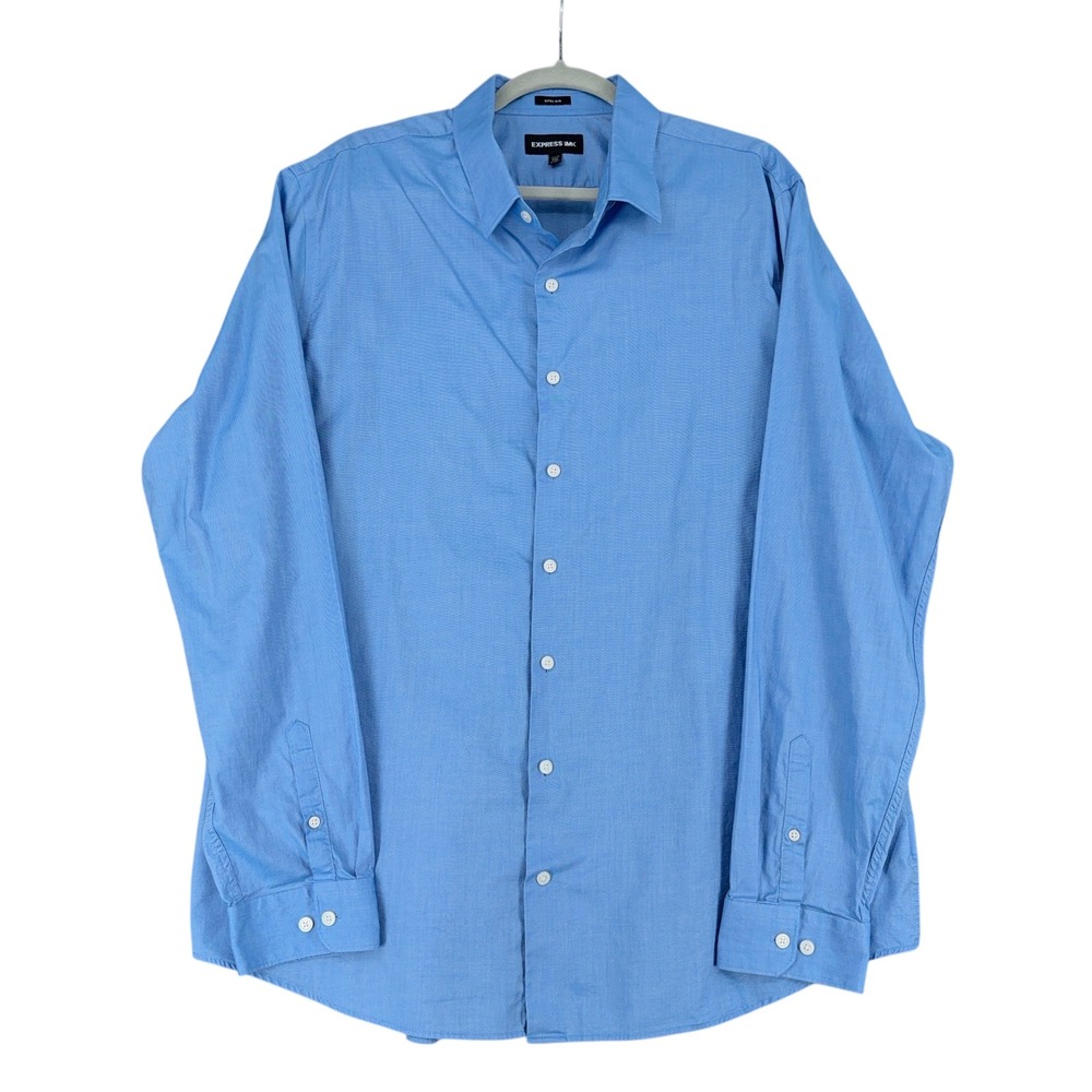 Express Mens Blue Stretch Easy Care Quick Dry Dress Shirt XXL Extra Slim Fit